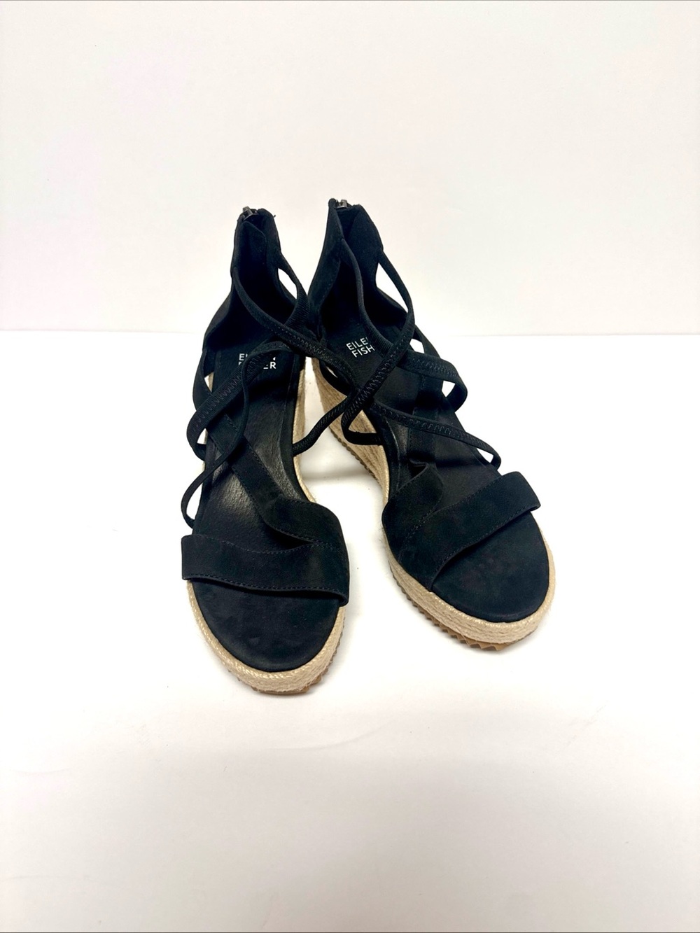 Eileen Fisher Black Suede Strappy Espadrille Wedge Sandals - Women Sz 7.5
